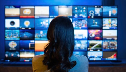 Woman watching smart TV wall, displaying many streaming channels and online media, entertainment and technology concept