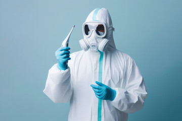 Doctor in hazmat suit hold temperature with thermometer gun. ai generative - obrazy, fototapety, plakaty