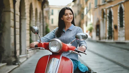 Poster Young woman riding a vintage red scooter in the city streets of Italy, travel, summer vacation © Marko
