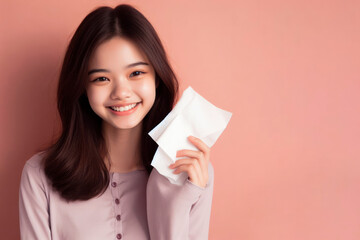 happy smiling teenage girl with paper napkins, who has recovered from a cold. ai generative