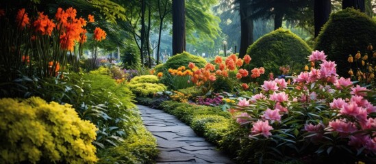 Obraz premium In the summer garden the beautiful backdrop of lush green foliage creates a stunning display of natural beauty with colorful floral blossoms yellow flowers and a variety of plants showcasin