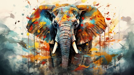 Elephant portrait with colorful double exposure paint