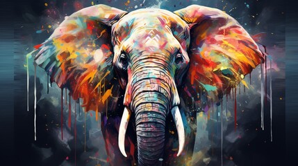 Elephant portrait with colorful double exposure paint