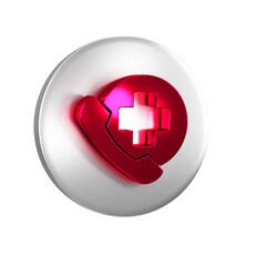 Red Emergency phone call to hospital icon isolated on transparent background. Silver circle button.