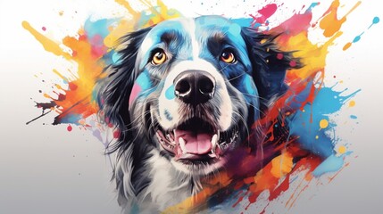 Dog portrait with colorful double exposure paint
