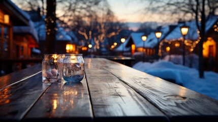 Winter xmas background with empty space on table top in front. Christmas horizontal blank scene. Wooden table top in front, blurred ?hristmas tree in the snow. Snowy scene