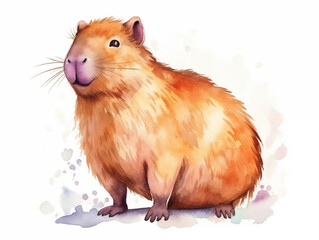 Decorative Illustration of  funny smiling capybara in nature in style of watercolor with splashes on white