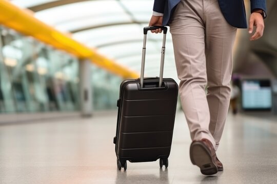 Man in classic suit with luggage goes to airport about to fly to business meeting on business trip. Legs of man with suitcase walking in airport terminal just returned from business trip from abroad