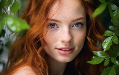Portrait of a fair-skinned redhead European 30 year old girl with green leaves of the trees on a bright morning. Closeup portrait of magnificent lady. Fashion shot of young gorgeous female.