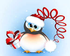 Cute little cartoon funny Santa Claus penguin with Santa hat and gift box