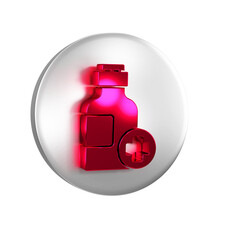 Red Bottle of medicine syrup icon isolated on transparent background. Silver circle button.