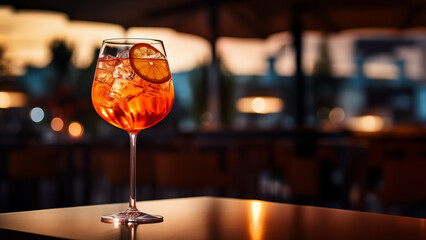 Glass of ice cold Aperol spritz cocktail.