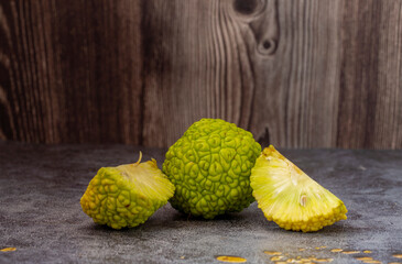 The fruit of the False Orange Tree, Maclura pomifera, is a large-crowned tree species from the...