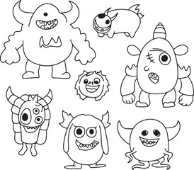 Set of Monsters. Doodle cartoon drawing on white background