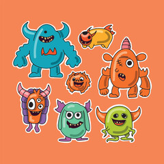 Cute Monsters Vector Set. Kids cartoon character design for poster, baby products logo and packaging design.
