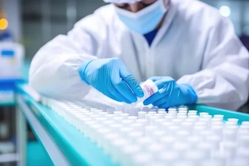 Kussenhoes Laboratory assistant at pharmaceutical factory packs medicaments in bottles in special rack. Scientist carefully carries out process of packaging important medicinal substances at pharmaceutical plant © Stavros