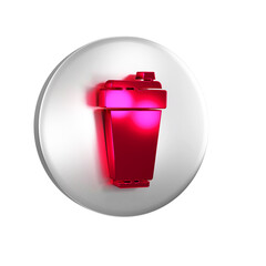 Red Fitness shaker icon isolated on transparent background. Sports shaker bottle with lid for water and protein cocktails. Silver circle button.