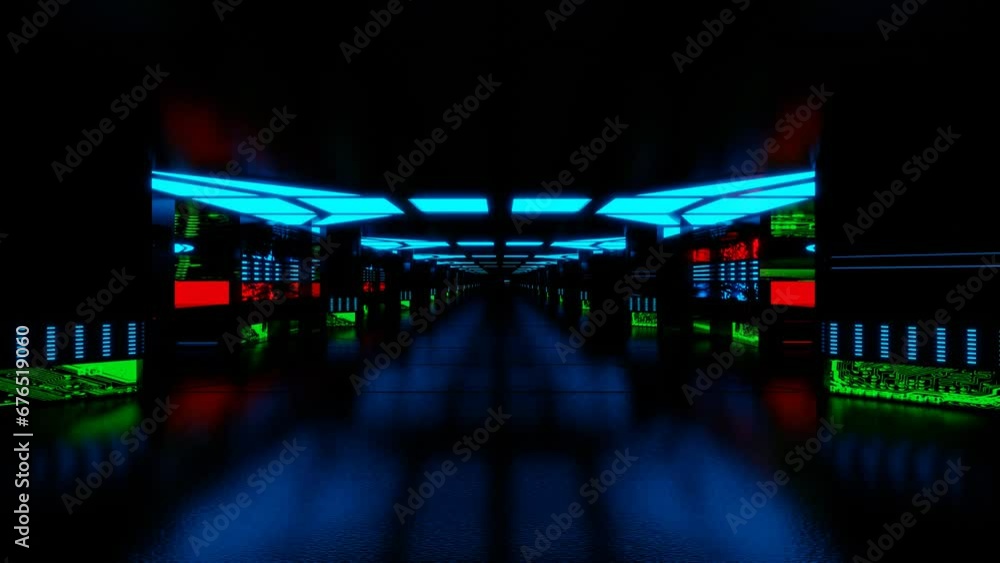 Poster moving along a futuristic dark endless corridor with flashing screens. looped computer animation. 3d