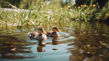 A Family of Ducks Swimming in a Calm Pond