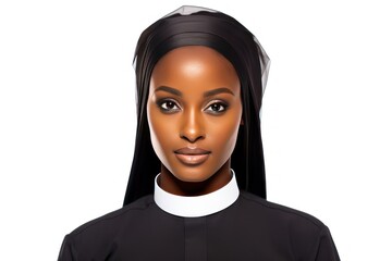 Young Catholic nun - woman in apostolic standing with folded hands quietly smiling sweetly. Catholic nun preparing to serve God in church smiling and rejoicing at opportunity to be useful to people - obrazy, fototapety, plakaty