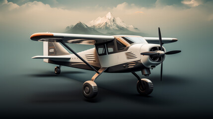 Travel Concept. Propeller plane parked. mountains background. - obrazy, fototapety, plakaty