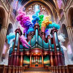 Playing organ with multicolored smoke - obrazy, fototapety, plakaty