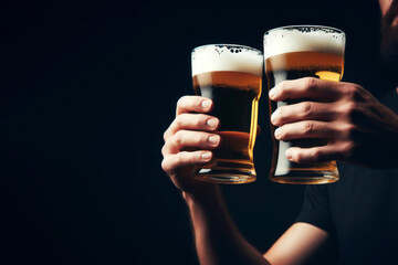 two hands raising beer glasses toasting black background. ai generative - obrazy, fototapety, plakaty