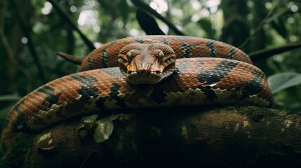 Obraz premium Rainforest Python Coiled Around Tree