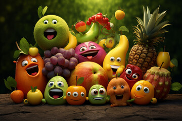 Various happy and smiling fruit cartoon characters