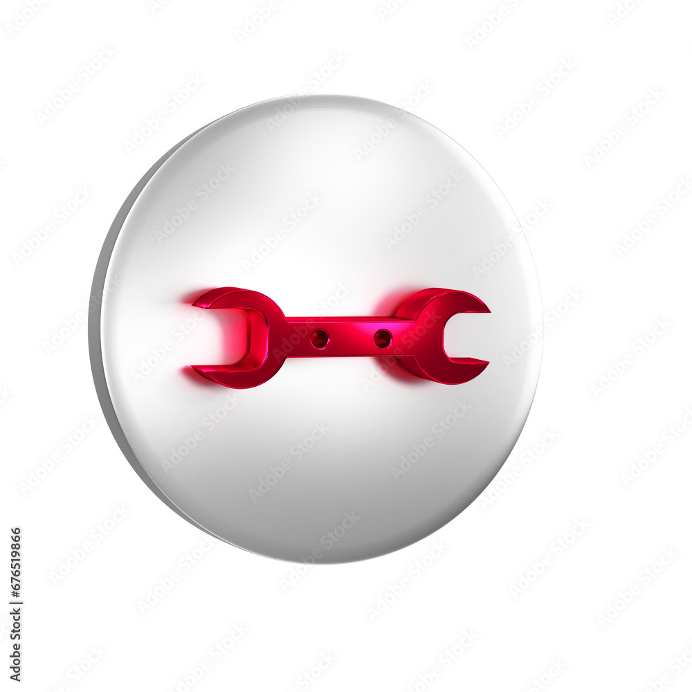 Poster red wrench spanner icon isolated on transparent background. silver circle button.