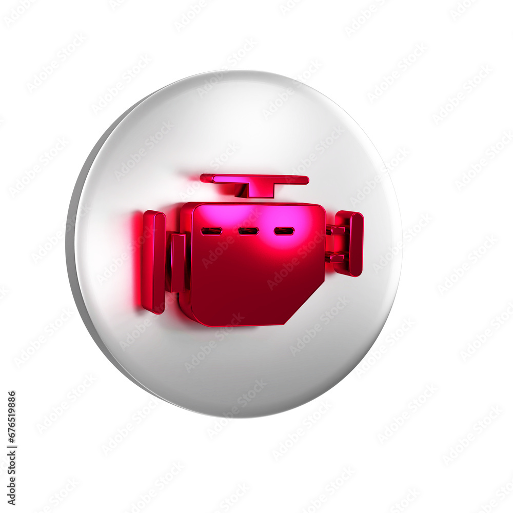 Poster red check engine icon isolated on transparent background. silver circle button.
