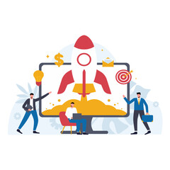 Business startup ilustration vector concept,business launch,project launch,rocket launching,online business startup.Can be used for websites.Isolated object and easy to edit.