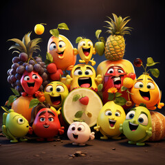 Various happy and smiling fruit cartoon characters