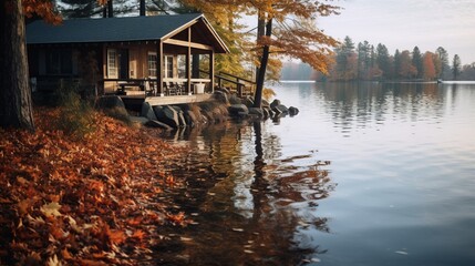 Fototapeta premium Serene Lakeside Cabin with Autumn Reflections