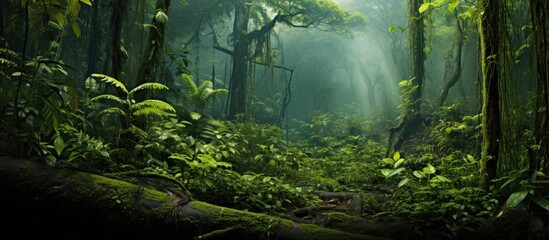 In the lush tropical jungle the vibrant green moss covered the forest floor providing a natural camouflage for the predatory animals and insects while the diverse fauna and wildlife thrived  - obrazy, fototapety, plakaty