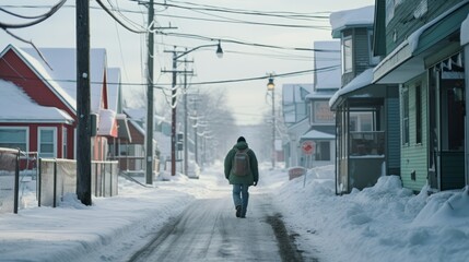 Solitary figure walking in a quiet, snow-covered town