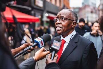 An official gives an interview to the media before the elections. Black politician promises to change life for the better during outdoor interview. Like all politicians in the world.