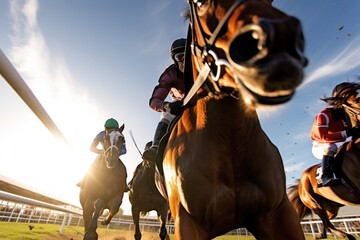 Horse riders compete on horse races for winner place of fastest rider at racetrack with spectators and fans betting. Equestrians pushing horses trying best to win race. Horse racing between opponents - obrazy, fototapety, plakaty