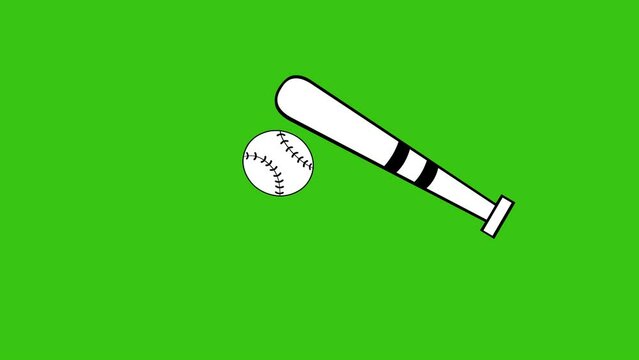 video drawing animation baseball or softball bat hitting a ball, drawn in black and white. On a green chroma key background