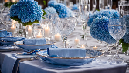 Empty plates, glasses, candles on the table with flowers
