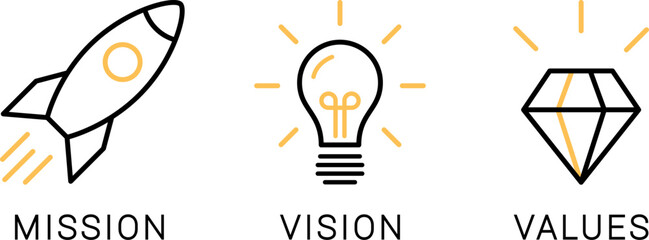 Linear icons of mission, vision and values as a business concept or startup strategy