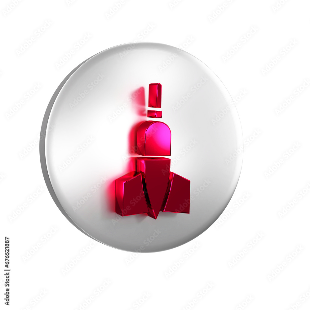 Poster red dart arrow icon isolated on transparent background. silver circle button.