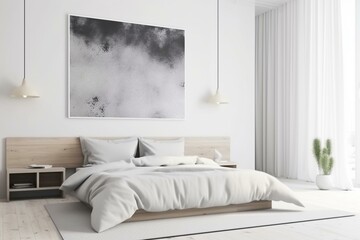 Bright bedroom with empty white poster. Generative AI