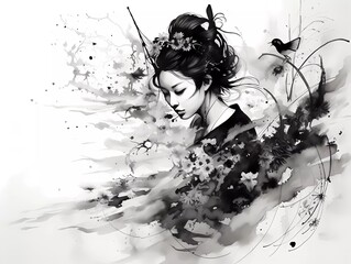 Abstract art drawing by asian style. Black and white illustration of beautiful woman, ink drawing.