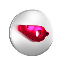 Red Whistle icon isolated on transparent background. Referee symbol. Fitness and sport sign. Silver circle button.