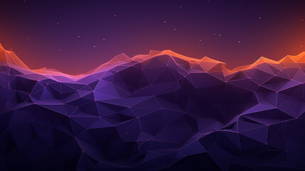 Polygonal abstract futuristic background. Lowpoly  structure. Virtual landscape with neon illuminated grid, pyramids, triangular slices in the distance. Geometric purple 3d technology concept. - obrazy, fototapety, plakaty