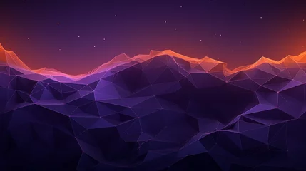 Fotobehang Polygonal abstract futuristic background. Lowpoly  structure. Virtual landscape with neon illuminated grid, pyramids, triangular slices in the distance. Geometric purple 3d technology concept. © IvanCreator