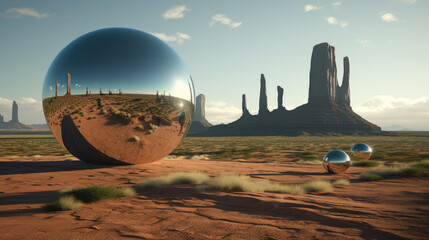 Monument Valley, Art Electronic Monolith, Dystopian Editorial Brutalism, Engulfed by Glassy Plastic, Gold Jade Antracite, Globe