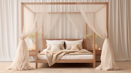 Fototapeta na wymiar Bed with sheer curtains and a wooden frame