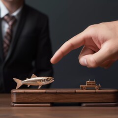 Close-up of businessman's finger showing work-life imbalance on wooden sea fish, AI generator